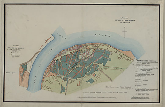 План Нижнего Новгорода по межеванию 1:8,400 %Land plan of Nizhny Novgorod
План Нижнего Новгорода по межеванию. Масштаб - в дюйме 100 сажен. Из кн.: Атлас Нижегородской губернии, состоящей из 10 уездов с топографическими и экономическими примечаниями, сочиненный при царствовании блаженного и вечно достойного памяти государя императора Павла 1-го в 1800 году в оренбуржской межевой конторе. 
Ключевые слова: Нижний Новгород,межевание,атласы