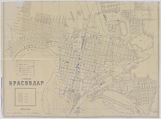 План Краснодара  1:10K %Map of Krasnodar
План города Краснодара. Масштаб 1:10,000. Инвентаризационно-Геодезическое бюро. 64х86,7см.

Ключевые слова: Краснодар