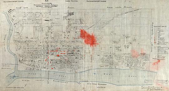 План города Ростова-на-Дону 1:4,200 %Plan of Rostov-on-Don
План Екатеринославской губернии уездного города Ростова, снятый в 1850 году. Копировал техник Ростовской-на-Дону городской управы 12 августа 1896 года М. Б. Краснянский. Источник: ГАРО Р-2613, о.1, д.135, л.3

Ключевые слова: Ростов-на-Дону