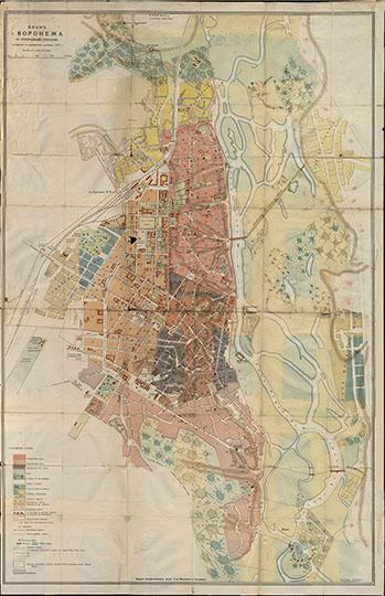 План Воронежа 1:8,400 %Map of Voronezh
План г. Воронежа с пригородными слободами. Издание книжнописчембум. магаз. г-ва Молчанов и Богданов. Отпечатано Т-во Р. Голике и А. Вильборг СПБ., Звенигородская, 11. 1910 г. 109х70 см. Масштаб - 100 сажен в дюйме.
Ключевые слова: Воронеж