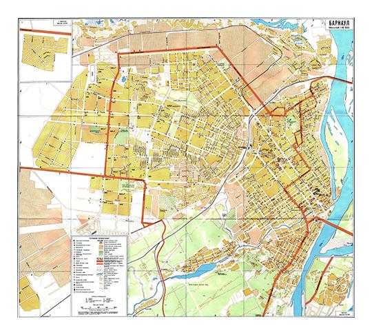 План города Барнаула и его окрестностей 1:16К % Plan of Barnaul
План города Барнаула. Масштаб 1:16,000, в 1 см. 160 м. Составлен по плану города масштаба 1:10,000 с использованием материалов на 1997 год. Городские объекты показаны по данным административных служб города на июль 1997 года. 
Ключевые слова: Барнаул
