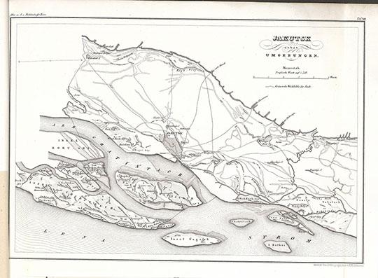 План Якутска и окрестностей 1:126K%Map of Yakutsk and vicinity
План Якутска и окрестностей. Масштаб - 2 версты в дюйме.Из кн.: Middendorff, Alexander Theodor (1815-1894). Reise in den äussersten Norden und Osten Sibiriens während der Jahre 1843 und 1844. - St. Petersburg : Buchdruckerei der Kaiserlichen Akademie der Wissenschaften, [1845] - Karten-Atlas zu Dr. A. v. Middendorff's Reise in den äussersten Norden und Osten Sibiriens. - 1859. 
Ключевые слова: Якутск