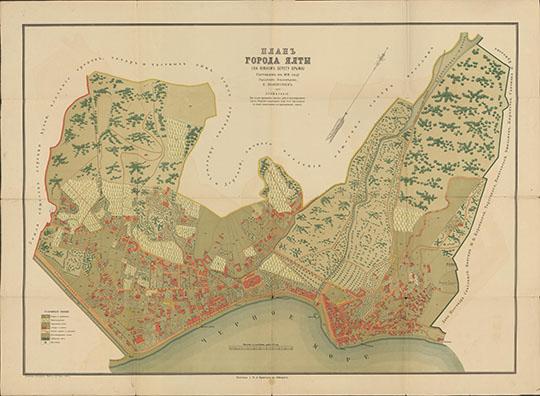 План Ялты  1:2520 %Map of Yalta
План города Ялты (на южном берегу Крыма) Составлен в 1885-1886 годах Городским Землемером И. Иванисовым. Масштаб 30 сажен в дюйме. 79,7х108 см
Ключевые слова: Ялта,Крым