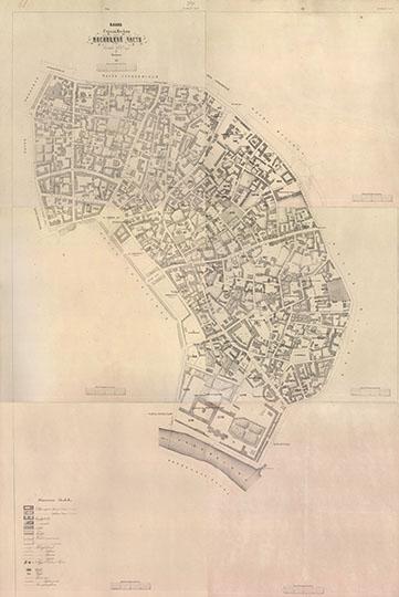 План Мясницкой части  1:2100 %Myasnitsky district of Moscow
План Мясницкой части Москвы. Съёмка 1850 года. Масштаб 1:2100. Литографировал С. Емченинов. М., изд. Моск. городск. Думы, лит. Емчениновой (Спб). Литогр. Масштаб: 1 л. (сводный) 1 : 29 400; 1 см = 294 м. 154 лл. 1:2 100; 1 см = 21 м. 14 лл. (выгоны) il : 8 400; 1 см = 84 м. План отпечатан со съемки 1849—1852 гг. в количестве 400 экз. на 169 листах (по 565x560 мм каждый лист).
