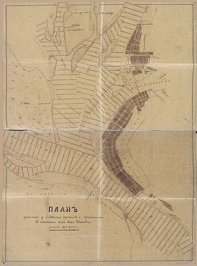 План участка р. С. Двины против г. Архангельска 1:8K %Map of North Dvina near Arkhangelsk
План участка р. С. Двины против г. Архангельска. Масштаб 0,01 саж = 100 саж. Вторая половина XX в. 112х85 см
Ключевые слова: Архангельск,лоцманские карты