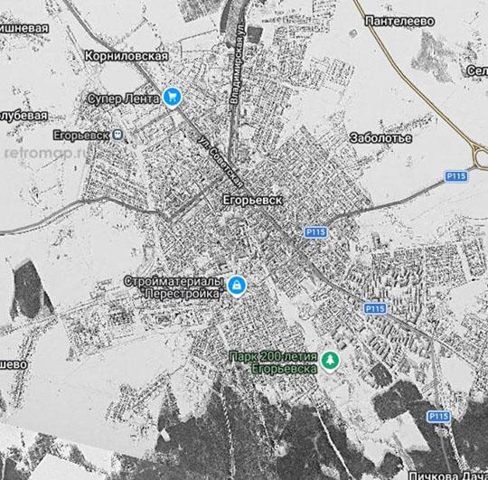 Спутниковый снимок Егорьевска 26.01.84 %Satellite image of Egorievsk
Спутниковый снимок Егорьевска. Снимок сделан 26 января 1984 года.
Ключевые слова: Егорьевск,американские карты,города СССР со спутников
