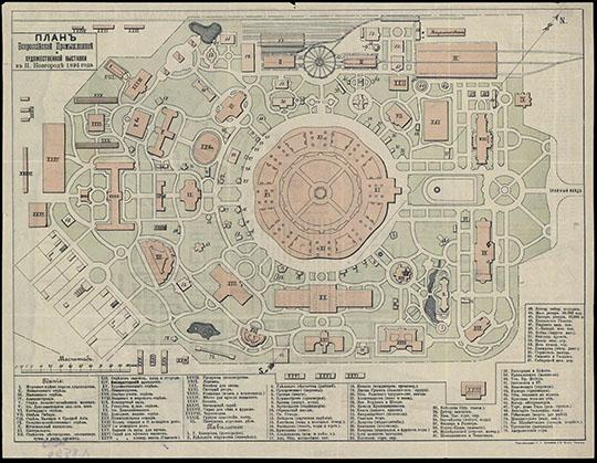 План Нижегородской выставки 1:2520 %Map of the Nizhny Novgorod exhibition
План Всероссийской Промышленной и Художественно выставки в Нижнем Новгороде 1896г. Масштаб - 30 сажен в дюйме. 26,5х34 см. 
Ключевые слова: Нижний Новгород,Нижегородская ярмарка,издательство Ильина