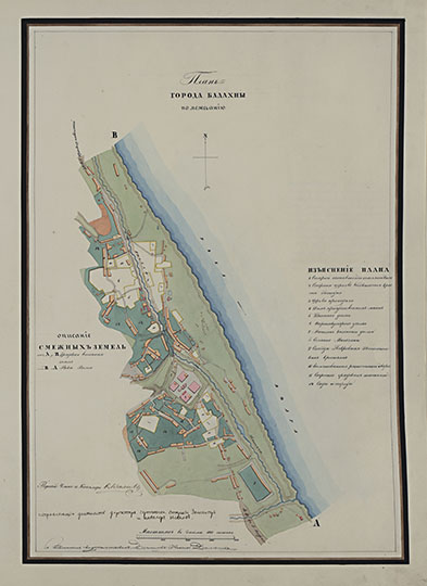План города Балахны по межеванию 1:8,400 %Land plan of Balakhna
План города Балахны по межеванию. Масштаб - в дюйме 100 сажен. Из кн.: Атлас Нижегородской губернии, состоящей из 10 уездов с топографическими и экономическими примечаниями, сочиненный при царствовании блаженного и вечно достойного памяти государя императора Павла 1-го в 1800 году в оренбуржской межевой конторе. 
Ключевые слова: Балахна,межевание,атласы