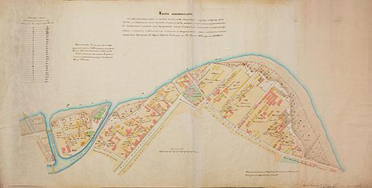 Серпуховская часть - план домовладений  1:840 %Serpukhovsky district of Moscow
Серпуховская часть. Планы домовладений от Краснохолмского моста до перевоза к Симонову монастырю. Петров П.П., Правление IV округа ПС и ПЗ. 1863 г. 69х131 см. Масштаб - 10 сажен в дюйме.
