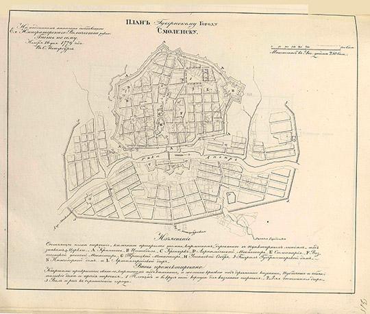 План Губернскому Городу Смоленску 1:21К %Plan of Smolensk 
План Губернскому Городу Смоленску. На подлинном написано собственною Ея Императорского Величества рукою: Быть посему. Ноября 16 дня 1779 года года в С. Петербурге. Масштаб в английском дюйме 250 сажен. План из кн.: Полное собрание законов Российской империи, Собрание 1649 - 1825. Книга чертежей и рисунков. Планы городов.
Ключевые слова: Смоленск,собрание законов Российской Империи