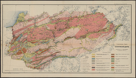 Геологическая карта Селенгинской Даурии 1:840К %Geoligcal map of Siberian Dauria
Геологическая карта Селенгинской Даурии составленная В.А Обручевым по наблюдениям 1895-98 годов. Из сб.: Геологическое исследование по линии Сибирской железной дороги. Выпуск XXII. Масштаб 1:840,000. Картографическое Заведение В. Руднев и Ко. Петроград.
Ключевые слова: Улан-Удэ,Верхнеудинск,геология,Сибирь