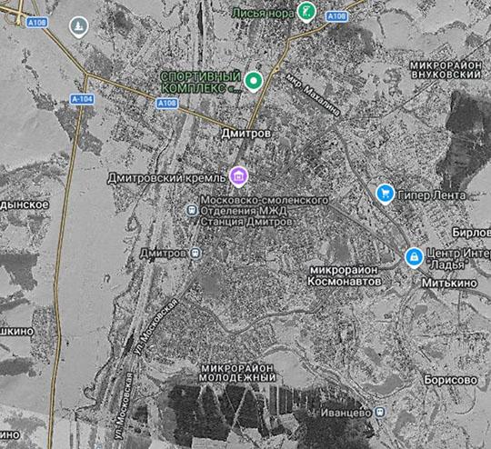 Спутниковый снимок Дмитрова 26.01.84 %Satellite image of Dmitrov
Спутниковый снимок Дмитрова. Снимок сделан 26 января 1984 года.
Ключевые слова: Дмитров,американские карты,города СССР со спутников