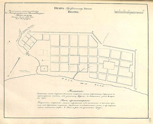 План Губернскому городу Перми  1:12K % Map of Perm
План Губернскому городу Перми.  На подлинном написано собственною Ея Императорского Величества рукою: Быть по сему. Генваря 16 дня 1784 года в С. Петербурге. Масштаб в английском дюйме 150 сажен. План из кн.: Полное собрание законов Российской империи, Собрание 1649 - 1825. Книга чертежей и рисунков. Планы городов.
Ключевые слова: Пермь,собрание законов Российской Империи