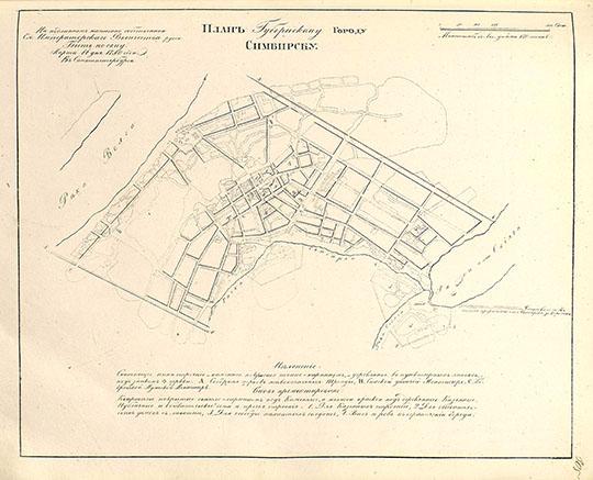 План Губернскому Городу Симбирску  1:12K %Plan of Simbirsk
План Губернскому Городу Симбирску. На подлинном написано собственною Ея Императорского Величества рукою: Быть по сему. Марта 14 дня 1780 года в Санктпетербурге. Масштаб в английском дюйме 150 сажен. План из кн.: Полное собрание законов Российской империи, Собрание 1649 - 1825. Книга чертежей и рисунков. Планы городов.
Ключевые слова: Симбирск,собрание законов Российской Империи
