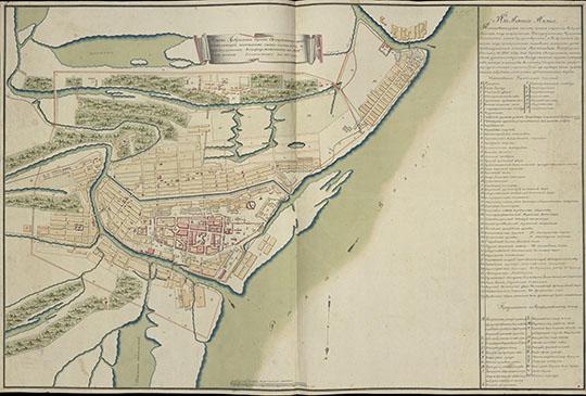 План города Астрахани  1:4,200 %Plan of Astrakhan
План губернского города Астрахани, представляющий нынешнее оного состояние и предложение конфирмованного в 1801-м году плана. Сочинен декабря дня 1810 года. 62х96 см. Масштаб - 60 сажен в дюйме.
Ключевые слова: Астрахань