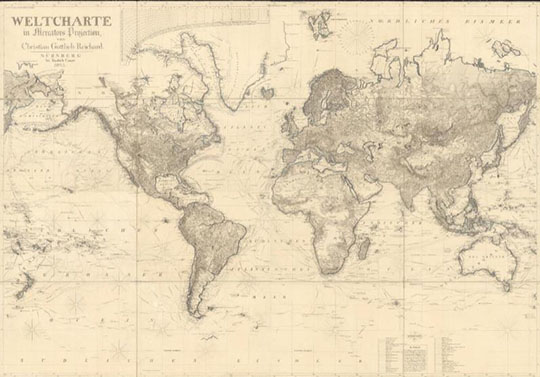 Карта мира в проекции Меркатора 1:23М %Weltcharte in Mercators Projection
Карта мира в проекции Меркатора. Нюрнберг, 1825г.  Автор - Кристиан Готтлиб Рейхард. Склейка из 4-х листов. 125 х 180 см. Масштаб на Экваторе - 1:23,000,000. Weltcharte in Mercators Projection; von Christian Gottlieb Reichard. 
Ключевые слова: карты мира,немецкие карты