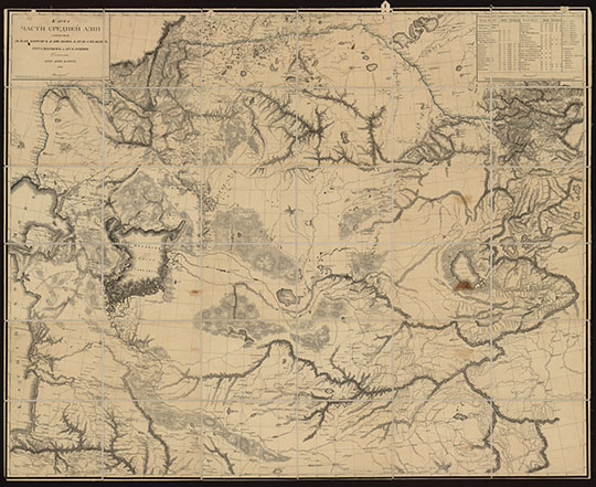 Карта части Средней Азии %Map of Mid-Asia
Карта части Средней Азии, содержащая земли киргиз кайсаков, каракалпаков, трухменцов и бухарцев / сочинена при Депо карт в 1816 г.. — [Санкт-Петербург], 1816. — 1 к. (2 л.) : : цв., табл. : 102х128 см, футл. 23,5х18,5 см
Ключевые слова: Оренбург,Средняя Азия