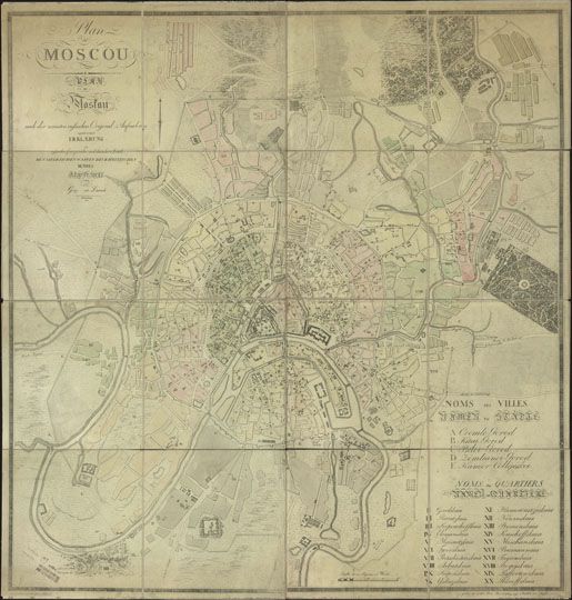 Plan de Moscou = Plan von Moskau v.1 1:10K
Plan de Moscou = Plan von Moskau: nach der neusten russischen Original Aufnahme samt einer Erklaerung in rusischer, franzosischer und deutscher Sprache: Den Siegreichen Waffen den Reinischen Bunoles gewidmet / von Goetz und Dieterich; Lithogravirt von Gebr. Schleich. - [1:10500], 125 саж. в дюйме. - Munchen: Gedruckt in der Kon. Beschaftigungs Anstalt am Anger, 1812. - 1 к.: раскраш., указ. (25 назв.); 58x52 см + Прил. (40 с.). - Загл. и названия указ. парал. на фр. и нем. яз.; прил. на фр., нем. и рус. яз. - Загл. прил.: Explication du plan de Moscou.
Ключевые слова: немецкие карты,Война 1812 года