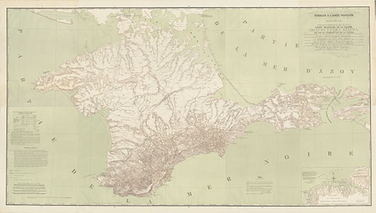 Военная Топографическая карта полуострова Крыма 1:168К %Military map of the Crimea
Военная Топографическая карта полуострова Крыма. Составленная по новейшим астрономическим наблюдениям, исправленная и пополненная из лучших военных съёмок свиты его Императорского Величества по картографической части Генерал-майором Мухиным 1816 года по приказанию Генерал-адъютанта Князя Волконского 2го во время управления его оною частию. Масштаб - 4 версты в дюйме. На 10 листах 61х46 см. Напечатано в Париже.
Ключевые слова: Крым