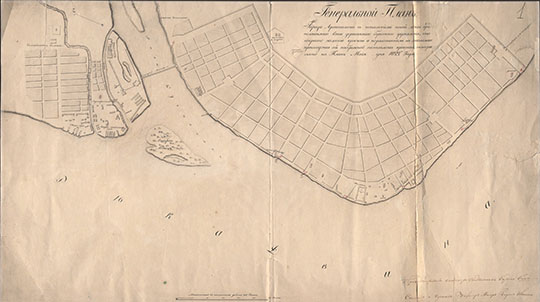 Генеральный план г. Архангельска 1:8,400 %General plan of Arkhangelsk
Генеральный план города Архангельска с показанием новой линии предполагаемого вновь деревянного берегового укрепления, что покрыто желтою краскою и по расстоянием назначаемого производства сей набережной поставлены красные литеры : снято на план мая ... дня 1822 года. Масштаб: в одном английском дюйме 100 саженей.  - Не ранее 1822 г. - 1 л. ; 51×90 см.
Ключевые слова: Архангельск