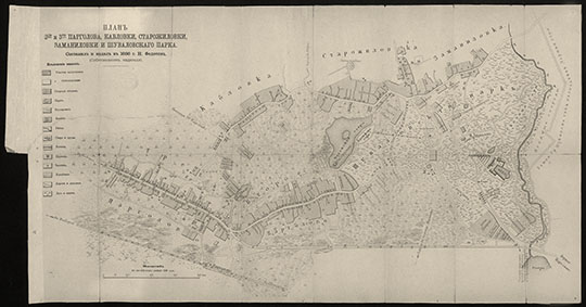 План Парголова и окрестностей 1:8,400 %Plan of Pargolovo and vicinity
План 2-го и 3-го Парголова, Кабловки, Старожиловки, Заманиловки и Шуваловского парка. Составлен и издан в 1886 году Н. Федотовым. Масштаб - 100 сажен в дюйме. Из сб.: Карта и девятнадцать подробных планов дачных местностей в районе Финляндских железных дорог / составил и издал Н. Федотов. — С.-Петербург 1889. — 1 атл. (21 к.) цв., текст, указ.; 20х17 см.
Ключевые слова: Санкт-Петербург,парки
