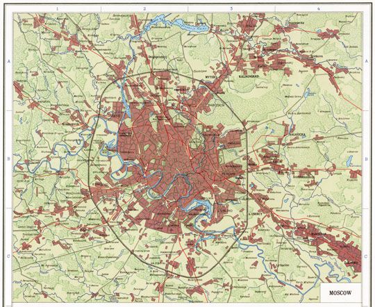 Moscow in The World Atlas
Moscow. Атлас Мира. Карта из издания атласа на английском языке - The World Atlas, 2nd edition (1967/68). Главное Управление Геодезии и Картографии при Совете Министров СССР. Москва  1968 г. Формат атласа - 33 × 51 см. Под ред. А.Н. Баранова. 
