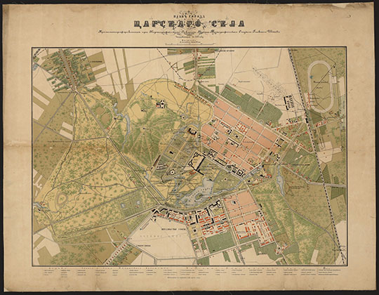 План города Царского Села  1:8K % Plan of Tsarskoe Selo
План города Царского Села, хромолитографированный при Картографическом Заведении Военно-Топографического Отдела Главного Штаба. 1867. Исправленный в 1897 году. 580 х 680 мм. Масштаб - в английском дюйме 100 сажен. Вариант 2.
Ключевые слова: Пушкин,Царское Село