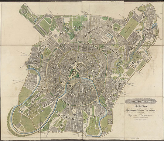 План Москвы для Московского Адрес-Календаря
План Москвы 1842-го года для Московского Адресс.-Календаря. Cост. Карлом Нистремом: на кам. гравир. Г. Баумана. — Москва : Лит. Баумана, 1842. — 1 к. : : раскраш., указ. (ок. 1200 назв.) : 42x118 см, в обл. 16x13 см.
