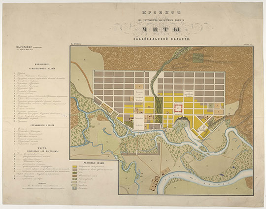 Проект на устройство областнаго города Читы 1:8,400 %Project plan of Chita
Проект на устройство областнаго города Читы Забайкальской области к №38134 лист 13. Масштаб - 100 сажен в дюйме. — [Санкт-Петербург 1862]. — 1 к цв., указ.; 39х47 (57х71) см. 
Ключевые слова: Чита