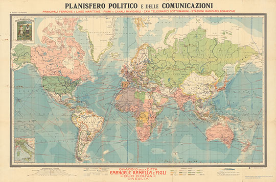 Политическая карта мира  %Planisfero Politico e delle Comunicazioni
Политическая карта мира - карта мира в сфере политики и коммуникаций. Масштаб 1 : 37 000 000. 77 x 110 см. Planisfero Politico e delle Comunicazioni. Cesare Rossi, A. Marco Boroli. Istituto Geografico de Agostini, Novara.

Ключевые слова: карты мира