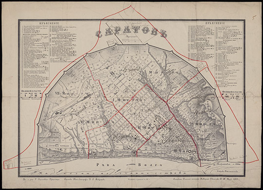 План Саратова 1:8,400 %Plan of Saratov
План Саратова. Масштаб - 100 сажен в дюйме. Составлял классный топограф надворный советник Н. Н. Попов 1882 г. — Исправлен и дополнен в 1901 г. — Саратов : Типо-литография П. С. Феокритова, 1901. — 1 к 1 цв., указ.; 44х61 (52х70) см.								
Ключевые слова: Саратов