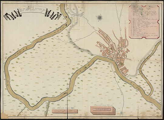 План города Уфы %Plan of Ufa
План города Уфы ситуациею ево и новоназначеной близ оного для строения и отправления соляных барок и других судов пристани [Карты]. — [Б. м., б. г. - конец XVIII века]. — 1 к. : : раскраш., рукоп. : 75x100 см. 
Ключевые слова: Уфа