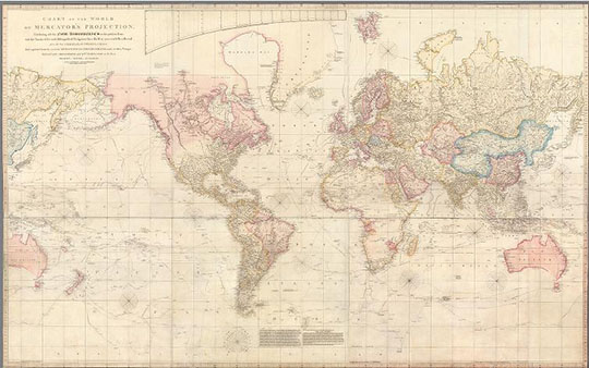 Карта мира в проекции Меркатора 1:45М %Chart of the World upon Mercator projection
Карта мира в проекции Меркатора с показанием результатов новейших открытий настоящего времени. На 8 листах. 126 х 203 см. Лондон, 1808г.  Масштаб на экваторе 1:45,000,000.  Chart of the World upon Mercator projection exhibiting all the new discoveries to the present time : with the tracks of the most distinguished Navigators since the year 1700, carefully collected from the best charts, maps, voyages etc. Compiled and published by A. Arrowsmith, Hydrographer. London published as the act directs, April 1st, 1790. by A. Arrowsmith. Sheets 1-8. 
Ключевые слова: карты мира,английские карты