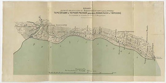 План дачной местности между Териоками и Чёрной речкой %Plan of west to Terioki region
План дачной местности по Финляндской железной дороге между Териоками и Чёрной речкой (деревни Ваммельсуу и Тюресева). Составил и издал в 1886 году Н. Федотов. Масштаб - 250 сажен в дюйме. Из сб.: Карта и девятнадцать подробных планов дачных местностей в районе Финляндских железных дорог / составил и издал Н. Федотов. — С.-Петербург 1889. — 1 атл. (21 к.) цв., текст, указ.; 20х17 см.
Ключевые слова: Санкт-Петербург