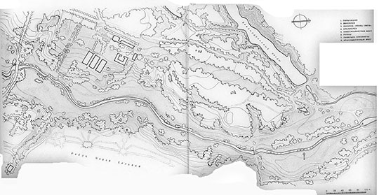 Павловск. 6-й район Долины реки Славянки
Павловск. 6-й ландшафтно-видовой район Долины реки Славянки. Фиксационный план, выполненный студентами Ленинградского строительного института и сотрудниками Павловского Дворца-музея между 1928 и 1940 годами. Из кн.: Иванова, Ольга Александровна, Павловский парк - Л. : Гос. изд-во л-ры по строительству и архитектуре, 1956. - 122, [2] с. : ил.; 32 см. - (Выдающиеся памятники русского садово-паркового искусства / Акад. стр-ва и архитектуры СССР, Ленингр. филиал)
Ключевые слова: Павловск,парки