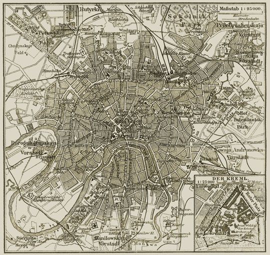 Lageplan von Moskau 1:950K
Lageplan von Moskau. План Москвы в кн.: Meyers Großes Konversations-Lexikon, Band 14. Leipzig 1908, S. 177-180. Масштаб 1:95000. В правом нижнем углу - план Кремля 1:25000.
Ключевые слова: немецкие карты