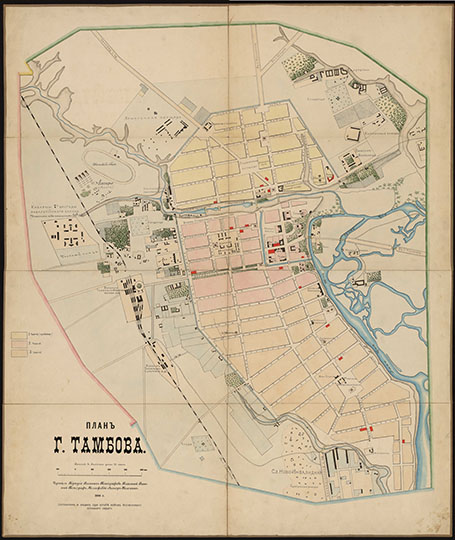 План г. Тамбова 1:8,400 %Plan of Tambov 
План г. Тамбова. Масштаб - 100 сажен в дюйме. Сост. и изд. при штабе войск Моск. воен. округа ; чертил воен. топограф Коломин. — Москва, 1888. — 1 л.: : цв., раскраска от руки : 80×68 см.
Ключевые слова: Тамбов