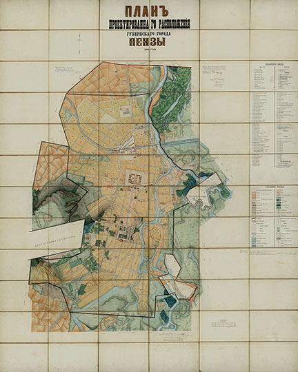План Губернского Города Пензы 1:4.2K % Plan of Penza
План проектированного расположения губернского города Пензы 1893 года. Масштаб - в дюйме 50 сажен.
Ключевые слова: Пенза