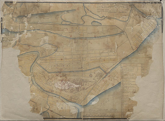 План г. Астрахани 1:8,400 %Plan of Astrakhan
План г. Астрахани с особым обозначением места строительства городской тюрьмы : составлен 14 ноября 1818 г. Масштаб: 1:8,400 , 100 саж. в 1 англ. дюйме. Бумага. Тушь, акварель. 51×71 см. 
Ключевые слова: Астрахань