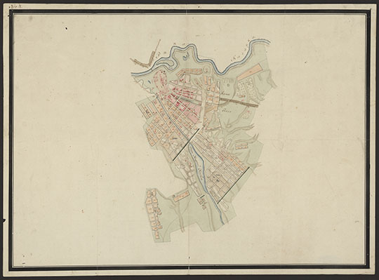 Проектированный план Казани%Project plan of Kazan
Проектированный план Казани начального периода регулярной застройки города. Конец XVIII века, после 1768.  43x60 см. Не завершен: отсутствует заглавие, пояснения, масштабная линейка. Показаны водные объекты, рельеф отмывкой, дороги, мосты; подробно - планировка улиц, конфигурация отдельных строений, пунктиром границы города.
Ключевые слова: Казань