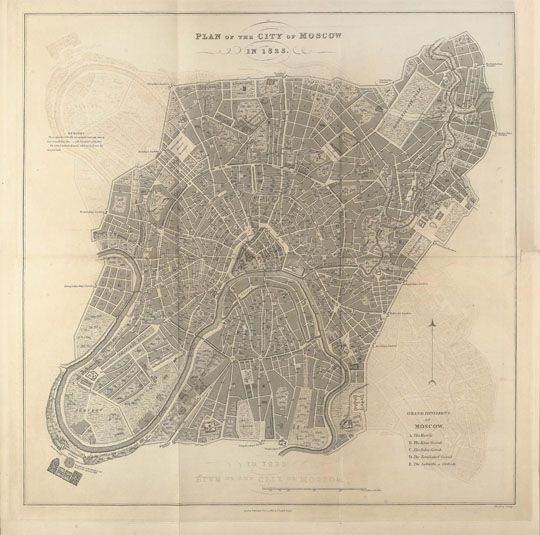 Plan of the City of Moscow by R. Lyall 1:25K
Plan of the City of Moscow / in 1823. (План города Москвы 1823 г.). Грав. Multow. London, Т. Cadell 1823 Грав./меди. 502x494; 466x467. Масштаб 1 : 25 200; 1 см = 252 м. В книге: Robert Lуаll. The character of the Russians and a detailed history of Moscow. (Русские нравы и подробная история Москвы). London. Т. Cadell and Blackwood, 1823. pp. 606/607. На стр. 607: «Explanation of the plan of the city oí Moscow in 1823». (Объяснение плана города Москвы 1823 г.). План составлен в пределах Камер-Коллежского вала без парка при Головинском дворце. На плане римскими цифрами обозначены номера частей города по плану Е. Челиева 1818 года.
Ключевые слова: английские карты
