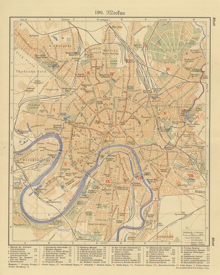 Moskau 1:50K
190. Moskau. План Москвы из кн.: Große Brockhaus, 12. Kartograph. F.A. Brockhaus, Leipzig. В нижней части - указатель объектов, на обратной стороне - легенда на немецком языке, представленная в галерее сайта.  1: 50000. Условная координатная сетка. 312 х 247 мм
Ключевые слова: немецкие карты