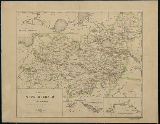 Карта Череповецкой губернии 1:1М %Map of Cherepovets gubernia
Карта Череповецкой губернии. Масштаб - 25 верст в дюйме. Петроград : 1-ое Гос. Картогр. Зав. б. А.Ильина, [1918 - 1923]. — 1 к. 2 цв.; 43х59 см. 
Ключевые слова: Череповец