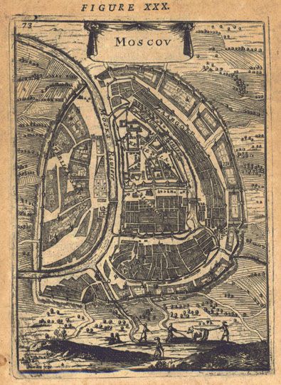 Moscov (v.3) - план из атласа Мале%Moscov (v.3) - plan from the Male atlas
Moscov. Fig. XXX. Гравюра из атласа Алана Мале - Alain Manesson Mallet, Description de L'Univers, в 5 томах, Париж, 1683. 11 х 16 см. План ориентирован с Запада на Восток. На отдельных частях города надписи: Strelisa Salvoda, Cremenela, Kaitaigorod, Zaargord, Skoradon. Рельефом даны здания Кремля, городские стены и церкви. Все кварталы даны очерком. Судя по отсутствию бастионов на Севере и вала вокруг Земляного города, а также по наличию бань на Яузе и на Москве-реке (около моста), в основе лежит план Годунова.
Ключевые слова: атлас Мале