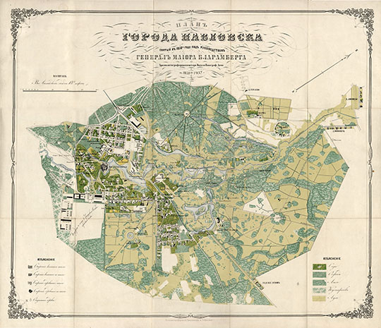 План города Павловска 1:8,400 %Plan of Pavlovsk
План города Павловска снятый в 1858 году под руководством генерал-майора Бламберга. Хромолитографированный при Военно-Топограф. Бюро в 1859 году. Масштаб - в английском дюйме 100 сажен. Хромолитография Емчеинов и Софийский
Ключевые слова: Павловск