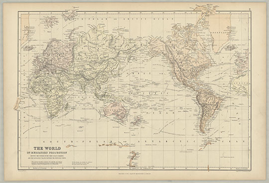 Карта мира в проекции Меркатора %The world on Mercators projection
Карта мира в проекции Меркатора с показанием основных океанских течений и маршрутов между основными портами. 1883г. The world on Mercators projection: showing the courses of the chief ocean currents and the navigation tracks between the principal ports. Drawn by W.D.C. Engraved by J. Bartholomew, Edinr.
Ключевые слова: карты мира,английские карты