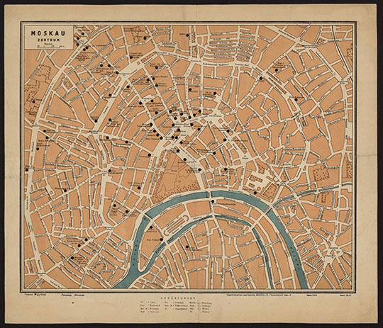 План центра Москвы 1:10К %Moscow center plan
План центра Москвы с обозначениями на немецком языке. Масштаб - 1:10,000. Moskau. Zentrum / ред. Вальтер. — Москва : МИИГАиК, [1937]. — 1 л. : : цв.. 
