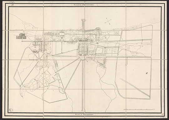 План Петергофа 1:8,400 %Plan de Peterhoff
План Петергофа = Plan de Peterhoff / dessiné par B. d’Aderkas; gravé par Froloff. Масштаб - 100 сажен в дюйме. 47×68 (53×73) см. Петергофское дворцовое управление. Начало XIX века.
Ключевые слова: Петергоф