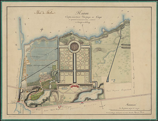 План Стрельнинского дворца 1:4,200 %Plan of Strelna palace
План Стрельнинского дворца и сада с принадлежностями, снят с натуры в 1834 г. Масштаб - 50 сажен в дюйме. Cнимал с натуры пом. землемера Брюханов, чертил Иванов. — [Санкт-Петербург, 1834]. — 1 л. : : раскраш., рукоп. : 45×59 см. 
Ключевые слова: Стрельна,парки