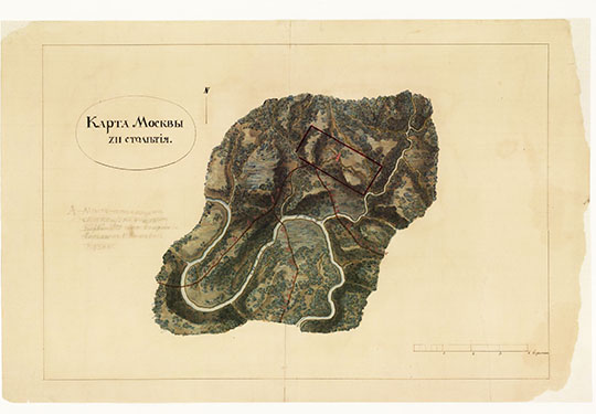 Карта Москвы XII столетия. Реконструкция %Map of Moscow in XII century
Карта Москвы XII столетия. Реконструкция. Масштаб - 1верста в дюйме. 1950-е годы. 33.4 х 51.5 см. Бумага, акварель, чернила

